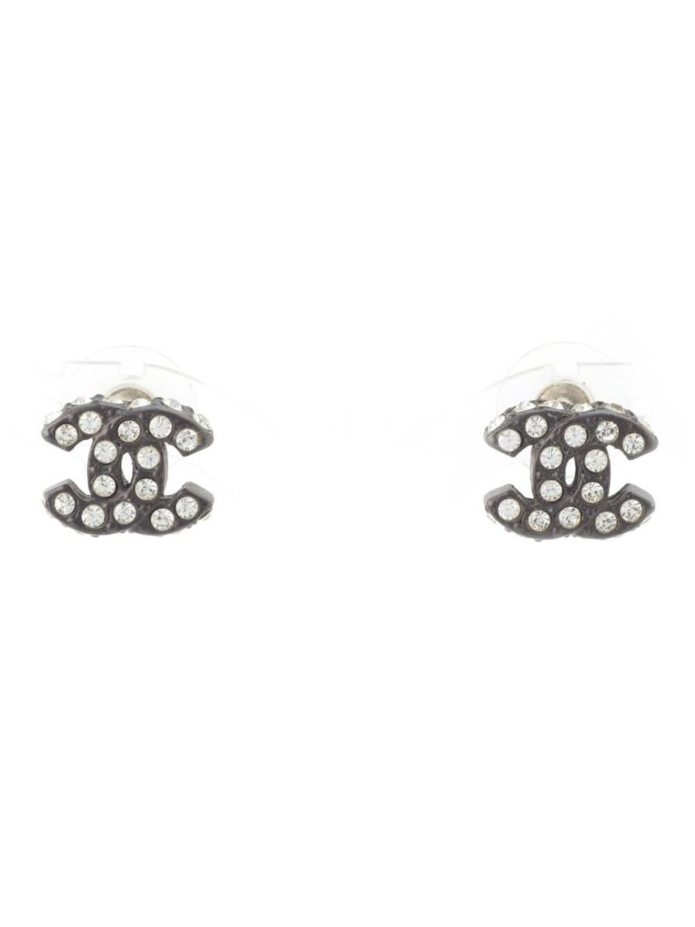 Chanel 02A Metal Rhinestone CC Logo Earrings Black